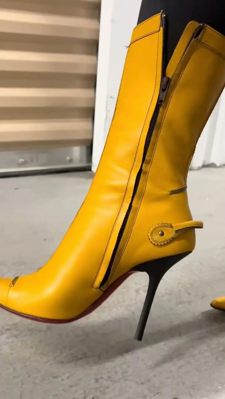 Elegant Yellow Leather Pointy Toe Knee High Boots for Women