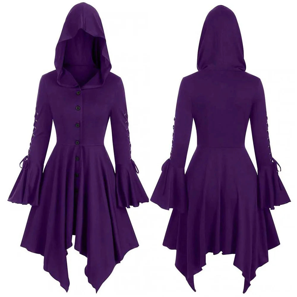 Halloween Women's Gothic Hooded Ruffle Flared Sleeve Lace Up Cloak Cape Tunic Tops Ladies Party Witch Costume Size S-2XL