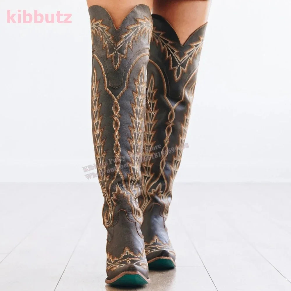 Rivet Cowboy Vintage Boots Over The Knee High Embroidery Lace-Up Luxury Leather Pointed Toe Chunky Heels Fashion Concise Shoes