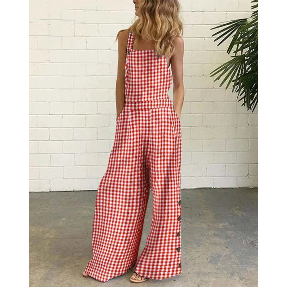 Women All Over Plaid Print Suspender Jumpsuit Summer Buttoned Wide Leg Elegant Jumpsuit Casual One Piece Party Overalls Clothing