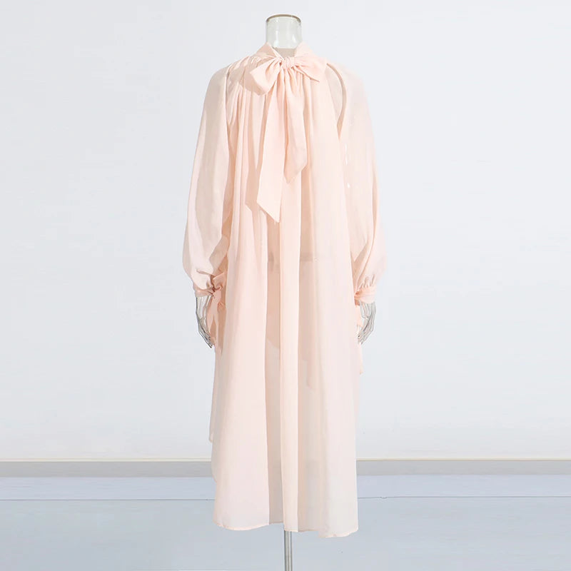 TWOTWINSTYLE Solid Loose Sheer Spliced Folds Fashion Blouses for Women High Neck Long Sleeves Irregular Blouse Female Clothing