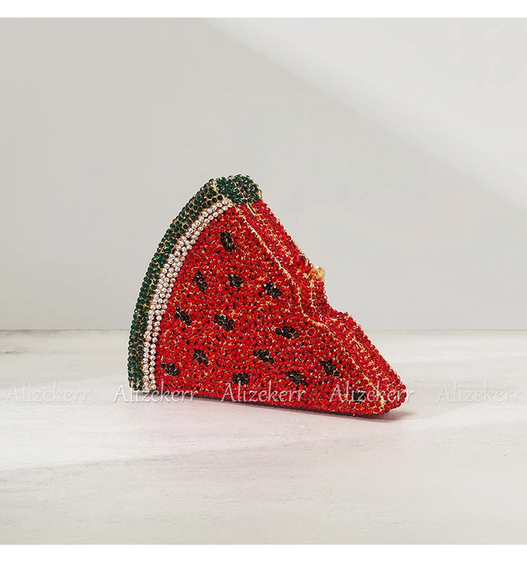 Alizekerr Pizza Shaped Diamond Evening Clutch Bags 2024 New Gorgeous Unique Metallic Watermelon Rhinestone Purses Wedding Party