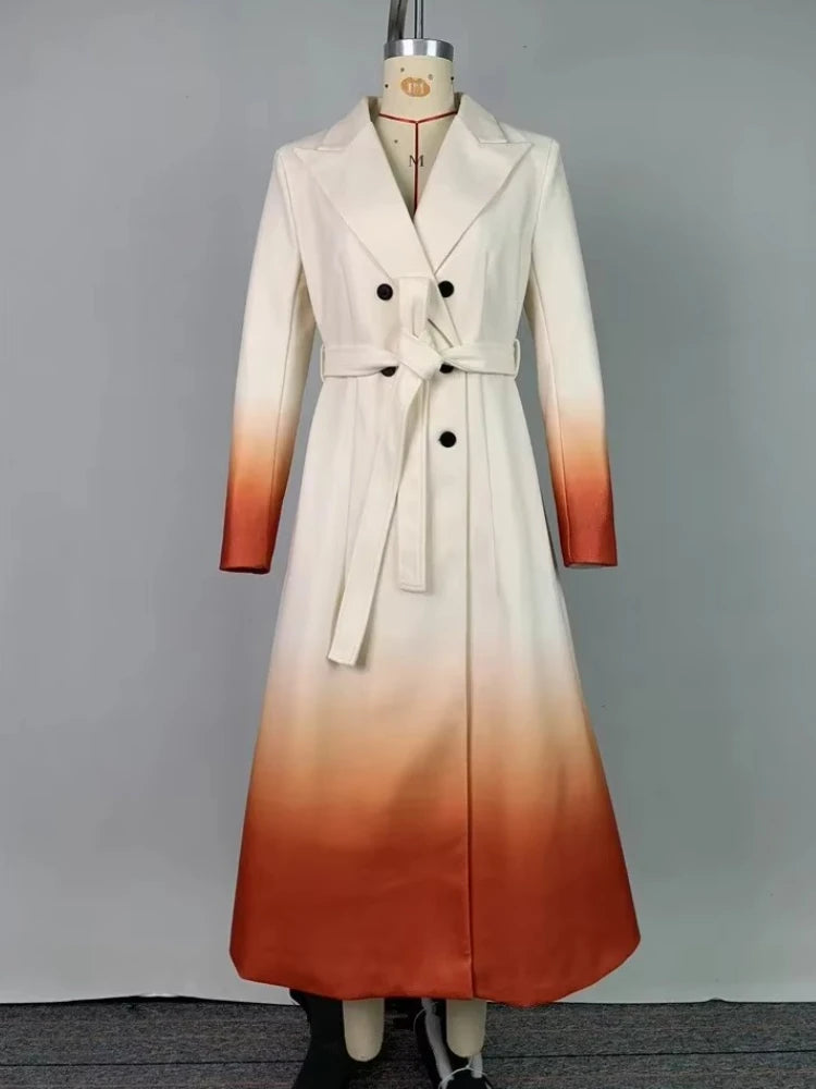 Beautyblue Fashion Women Gradient Outerwear Long Blazer Elegant Loose Tied Waist Buttoned A-Line Woolen Coat for Office Commute