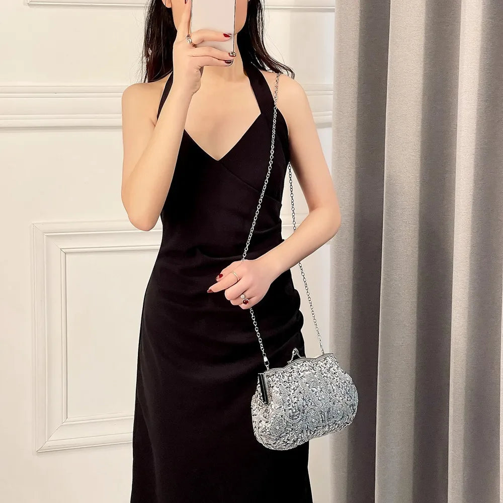 Fashion Glitter Clip Evening Purse Bead Embroidery Clutch Crossbody Bag Women Banquet Bridesmaid Wedding Party Tote Shoulder