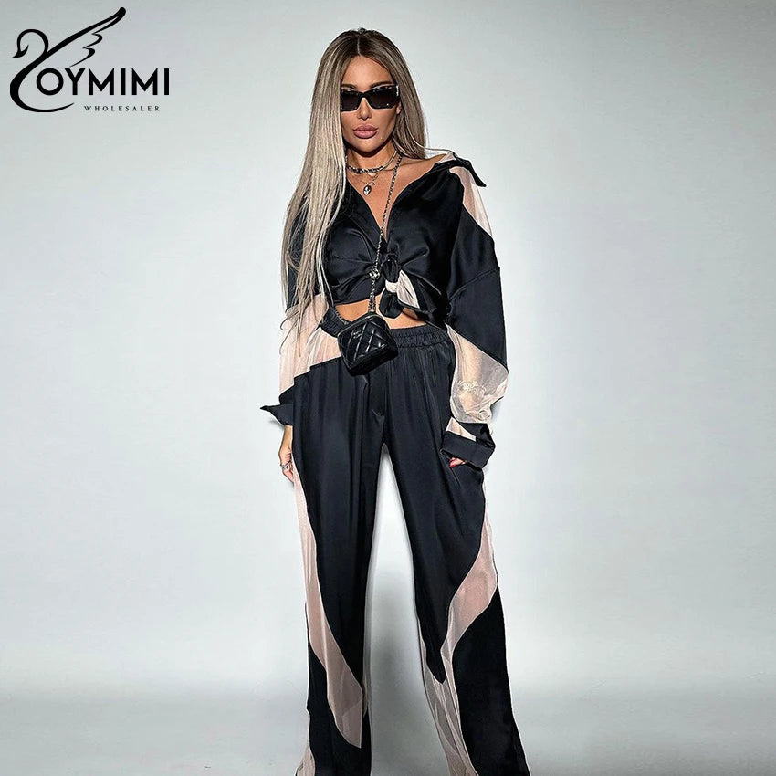 Oymimi Fashion Black Satin Patchwork 2 Piece Set Women Outfit Streetwear Long Sleeve Shirt With High Waist Pant Sets Y2k Clothes