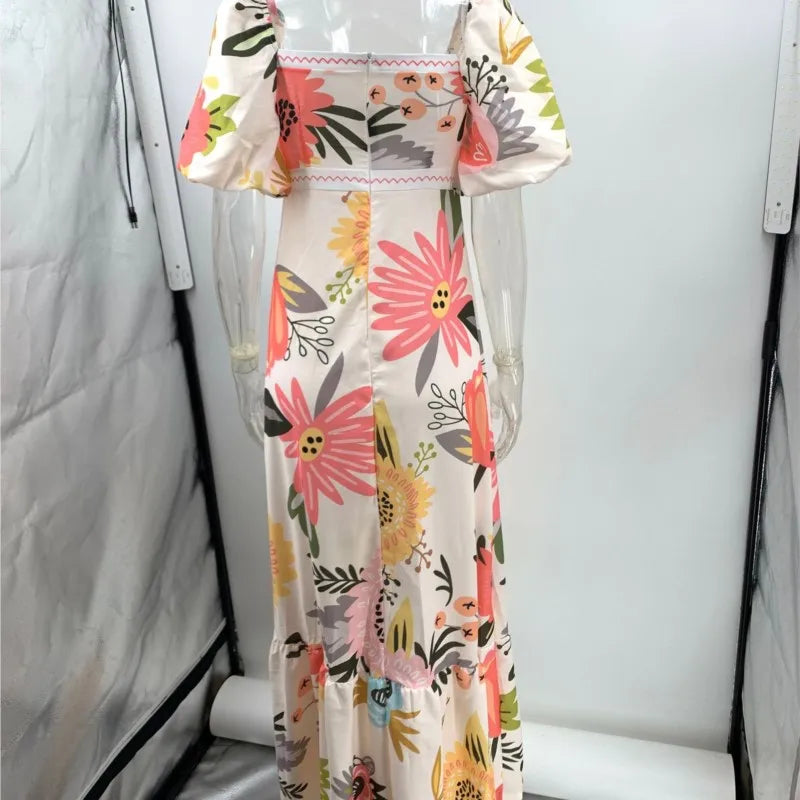 Summer Dress Elegant Women Flower Printed Maxi Dress High Waisted Short Sleeve Square Collar 2025 Summer Fashion Holiday Dresses