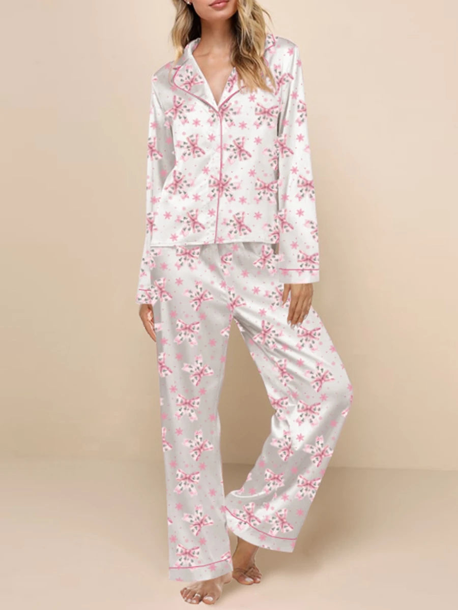 Women'S Autumn Winter Clothing Christmas Elements Cute Bow Print Long Sleeved Shirt Elastic Pants 2PCS Street Wear Home Wear