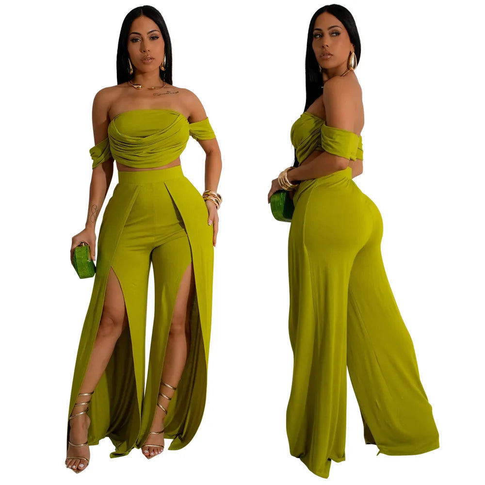 CM.YAYA Women's Set Short Sleeve Slash Neck Ruched Tops and Wide Leg split Pants 2024 Street Two 2 Piece Sets Outfit Tracksuits