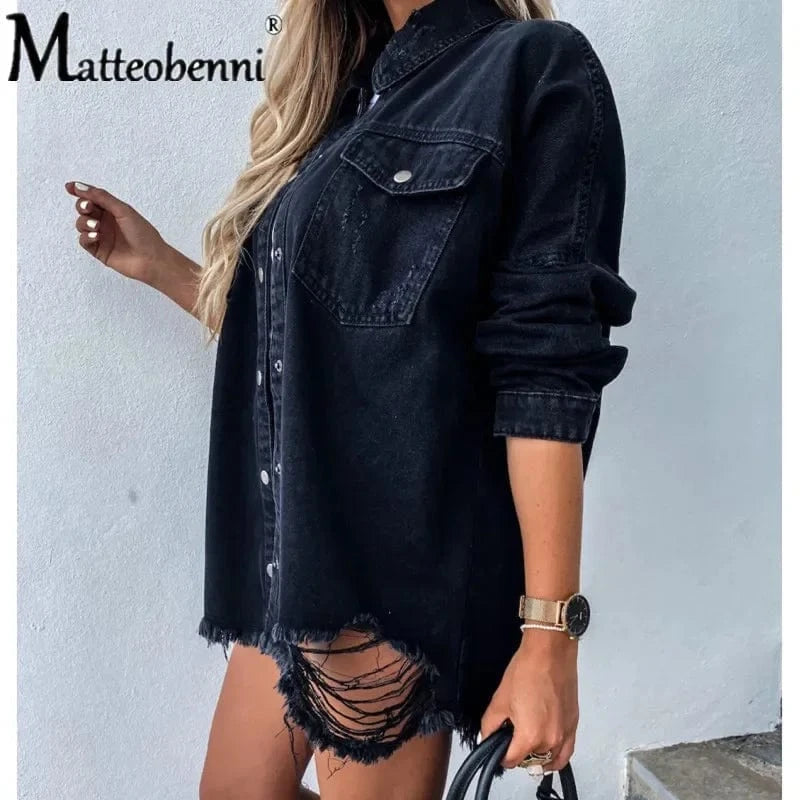 2024 Fall New Women's Long Sleeve Denim Shirt Fashion Ripped Mid-length Jeans Buttons Shirt Tops Boyfriend Loose Shirts