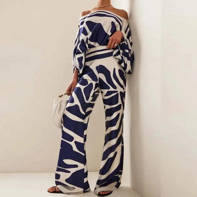 CM.YAYA Women Set Full Batwing Sleeve Slash Neck print Top + Wide Leg Pants Summer Street Two 2 Piece Sets Sexy Outfit Tracksuit