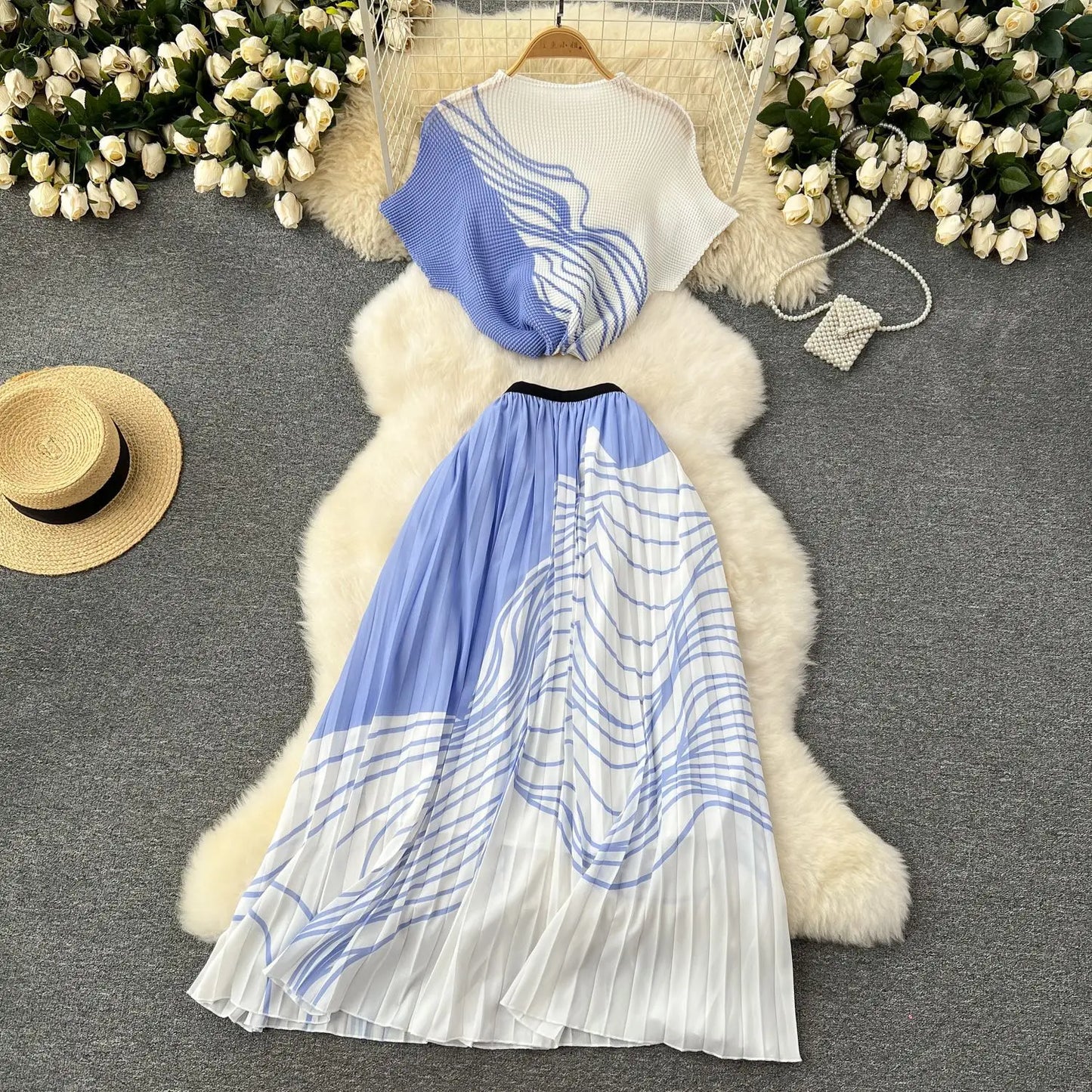 Summer Contrast Color Miyake 2 Pieces Set Women's Short Sleeve High Stretch Pullover Shirt Top+Long Pleated Chiffon Skirt Suit