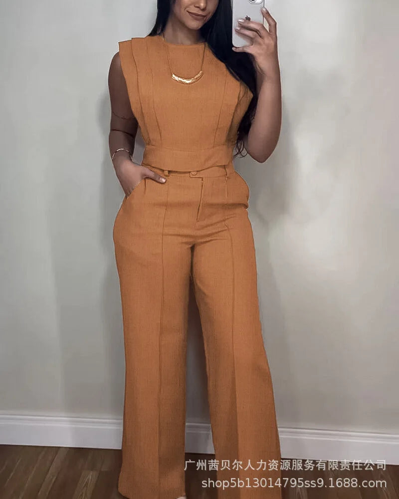 Two Piece Sets Women Pant Set Matching Sets Vest Short Tops High Waist Wide Leg Long Pants Casual Work Elegant Y2k Streetwear