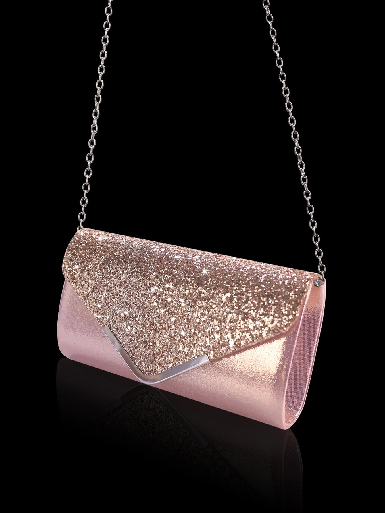 Sparkling and luxurious sequined evening clutch for women, paired with a gorgeous rhinestone necklace, earrings and bracelet set