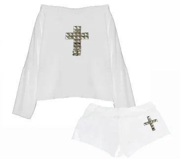 Y2k casual and fashionable cross diamond design one-shoulder top women's top summer hot girl style long-sleeved top shorts set
