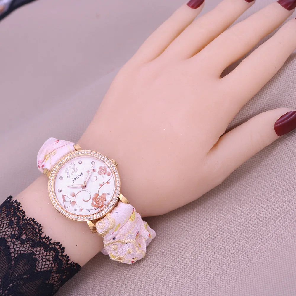 Rose Flower Japan Quartz Lady Women's Watch Elegant Lattice Fashion Hour Bracelet Elastic Watch Band Girl's Gift Julius No Box