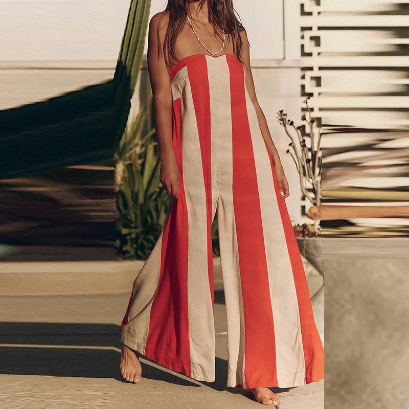 Summer Beach Hollowed Out Backless Long Pants Playsuit Bohemian Commuting Rompers Casual Striped Printed Off Shoulder Jumpsuit