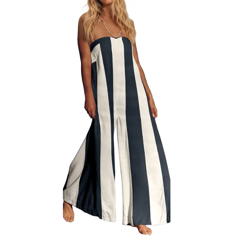 Summer Beach Hollowed Out Backless Long Pants Playsuit Bohemian Commuting Rompers Casual Striped Printed Off Shoulder Jumpsuit