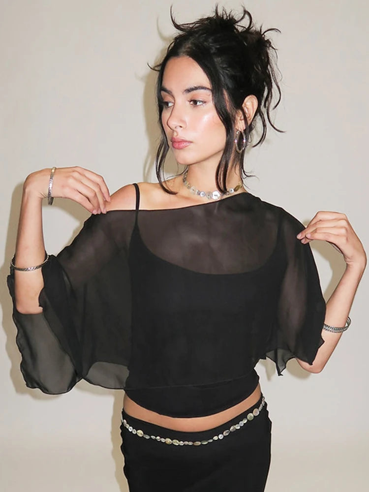 Weird Puss Summer Trend 2 Piece Crop Tops Women Sexy Short Sleeve Camisole+Mesh One-Shoulder Tops Clubwear 2025 Summer Club Tees