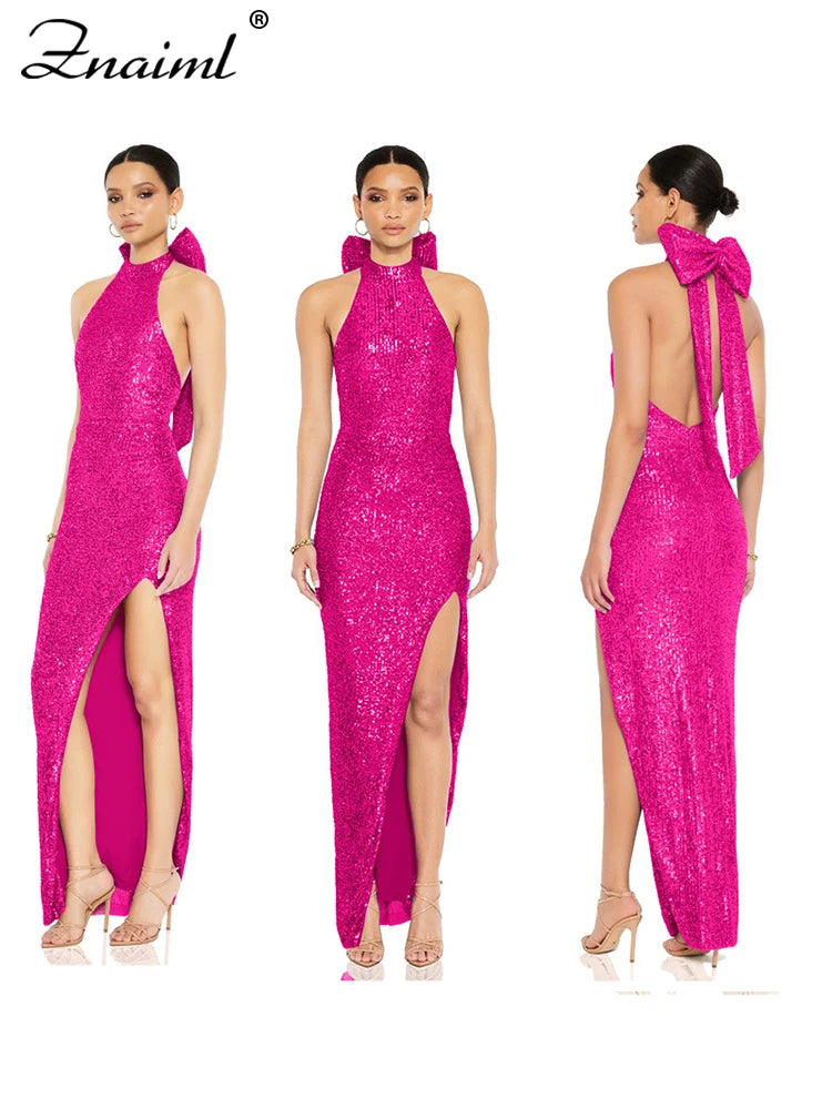 Znaiml Elegant Luxury Sequin Halter Big Bow Backless Long Dresses Women Sleeveless High Split Birthday Evening Wedding Vestidos