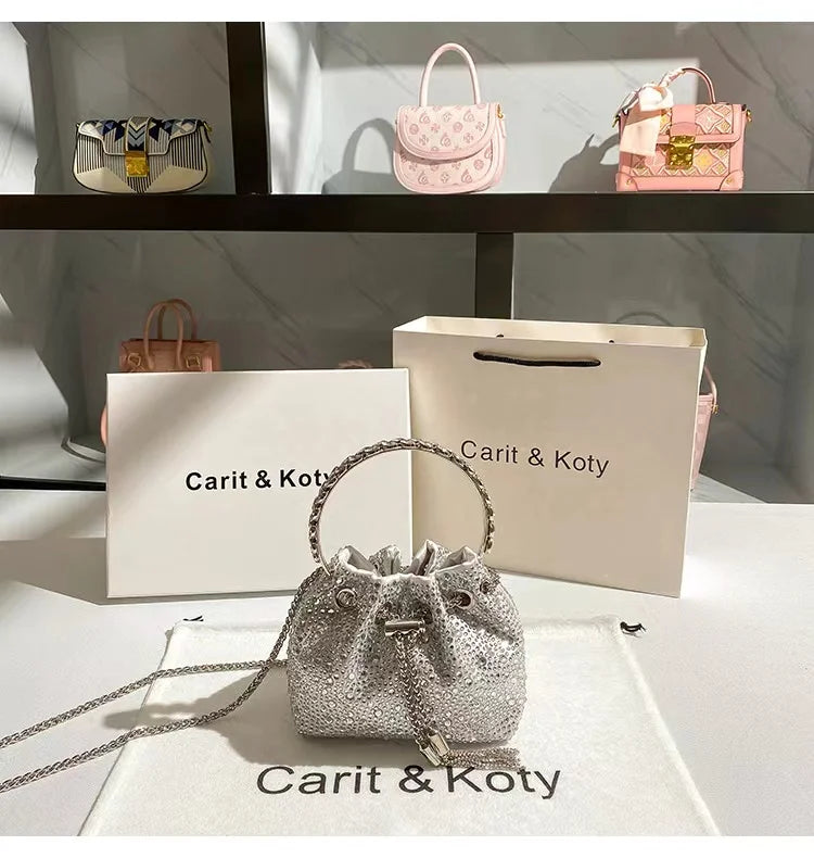 Crystal Shiny Diamonds Bucket Bag Fashion Women Handbag Metal Ring Handle Evening Bag Wedding Party Clutch Purse Crossbody Bag