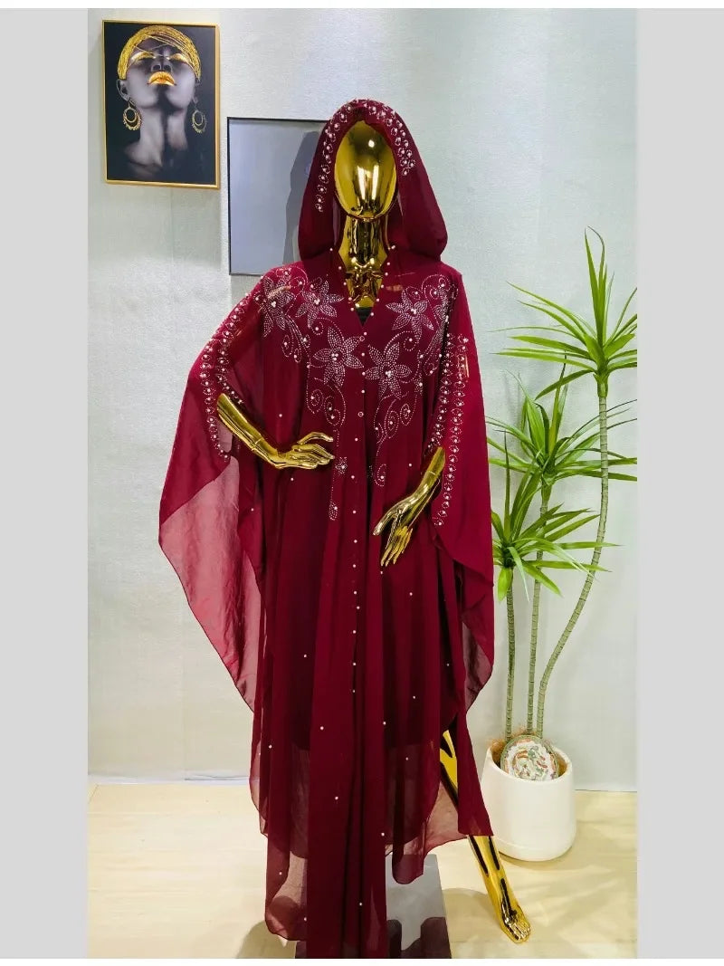 Middle East Africa Hot Muslim Long Robe Vintage Diamond Bead Shoulder Cover Hooded Cloak Dress Bat Sleeve Women's Dress New