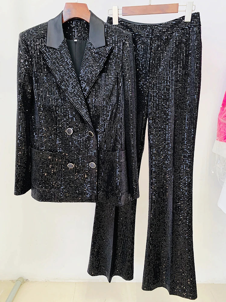 HIGH STREET 2024 Newest Designer Fashion Runway Suit Set Women's Slim Fit Glitter Sequined Velvet Blazer Flare Pants Set 2pcs
