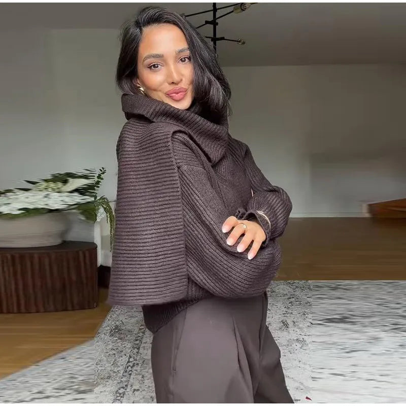 Women 's Sweater Elegant Scarf O-neck Knitted Thicken Full Sleeve Pullovers Female 2025 New Autumn Winter Woman Jacket Knitwear