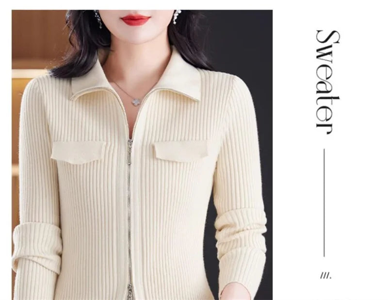Fashion Zipper Short Knitted Cardigan Sweater 2025 Spring Autumn New Korean Versatile Coat Top Turn-Down Col Sweater Solid Color