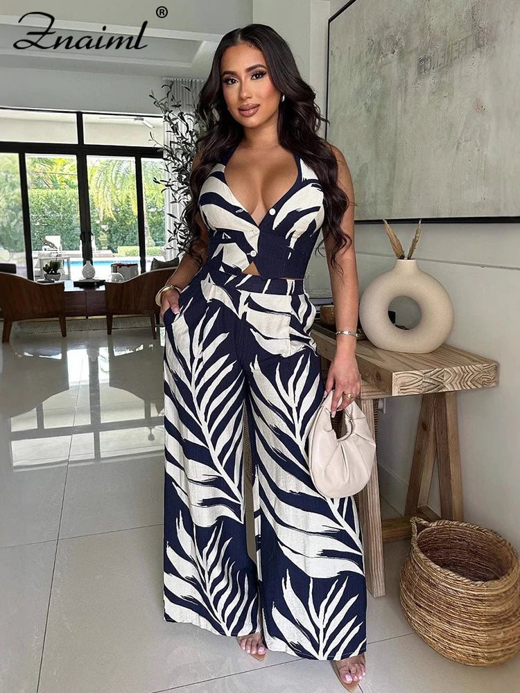 Znaiml Sexy Boho Leaf Printed Wide Leg Pants Sets for Women Halter Sleeveless Crop Tops and Trousers Two 2 Piece Vacation Outfit