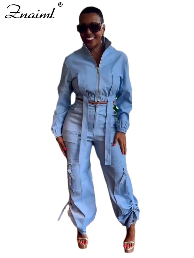 Znaiml Safari Style Streetwear Women Two 2 Piece Set Long Sleeve Zip Bandage Top and Multi-pockets Cargo Pants Matching Outfits