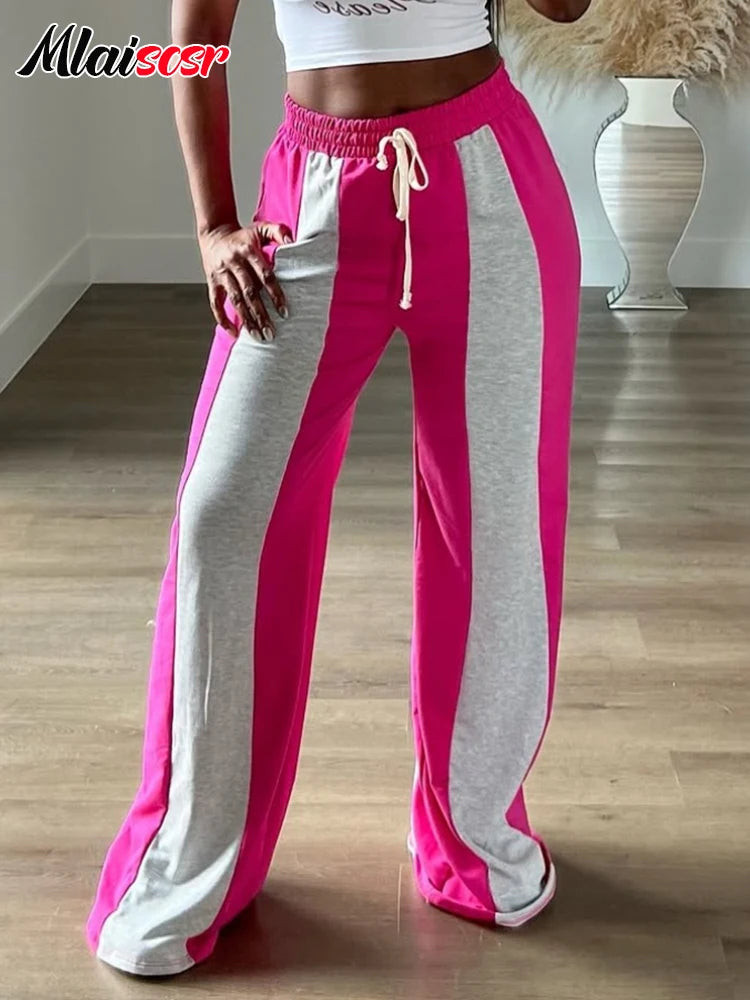Mlaiscsr Fashion Pink Patchwork Loose Wide Leg Pants Women Drawstring High Waist Trousers Casual Streetwear Bottoms Sweatpants
