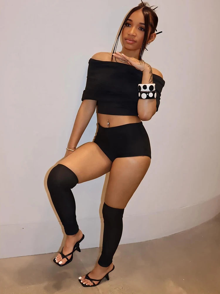 Weird Puss Summer 2 Piece Set Women Simple Trend Slash Neck Mid Sleeve Crop Tops+Shorts+Foot Cover Matching Streetwear Outfits