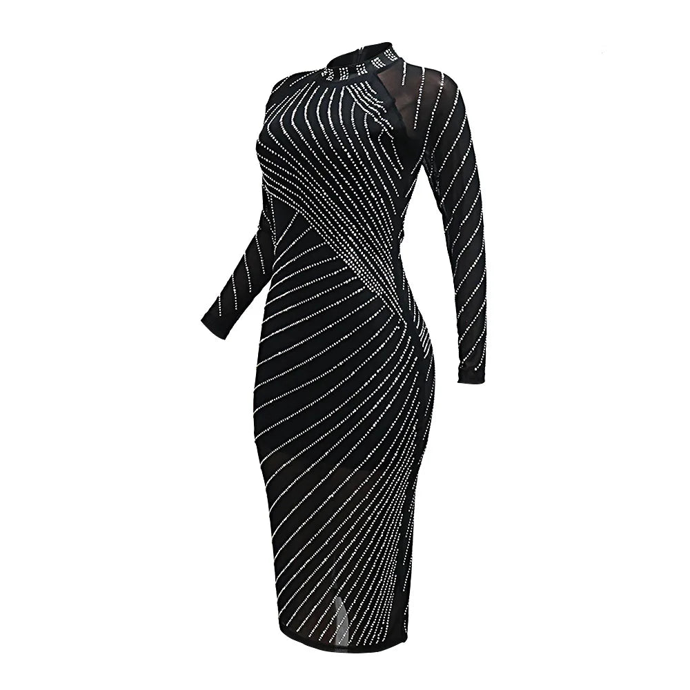 CM.YAYA Women Diamonds Hot Rhinestones Long Sleeve Bodycon Midi Dress 2024 Fall O-neck Evening Club Sexy Party Dresses Vestidos
