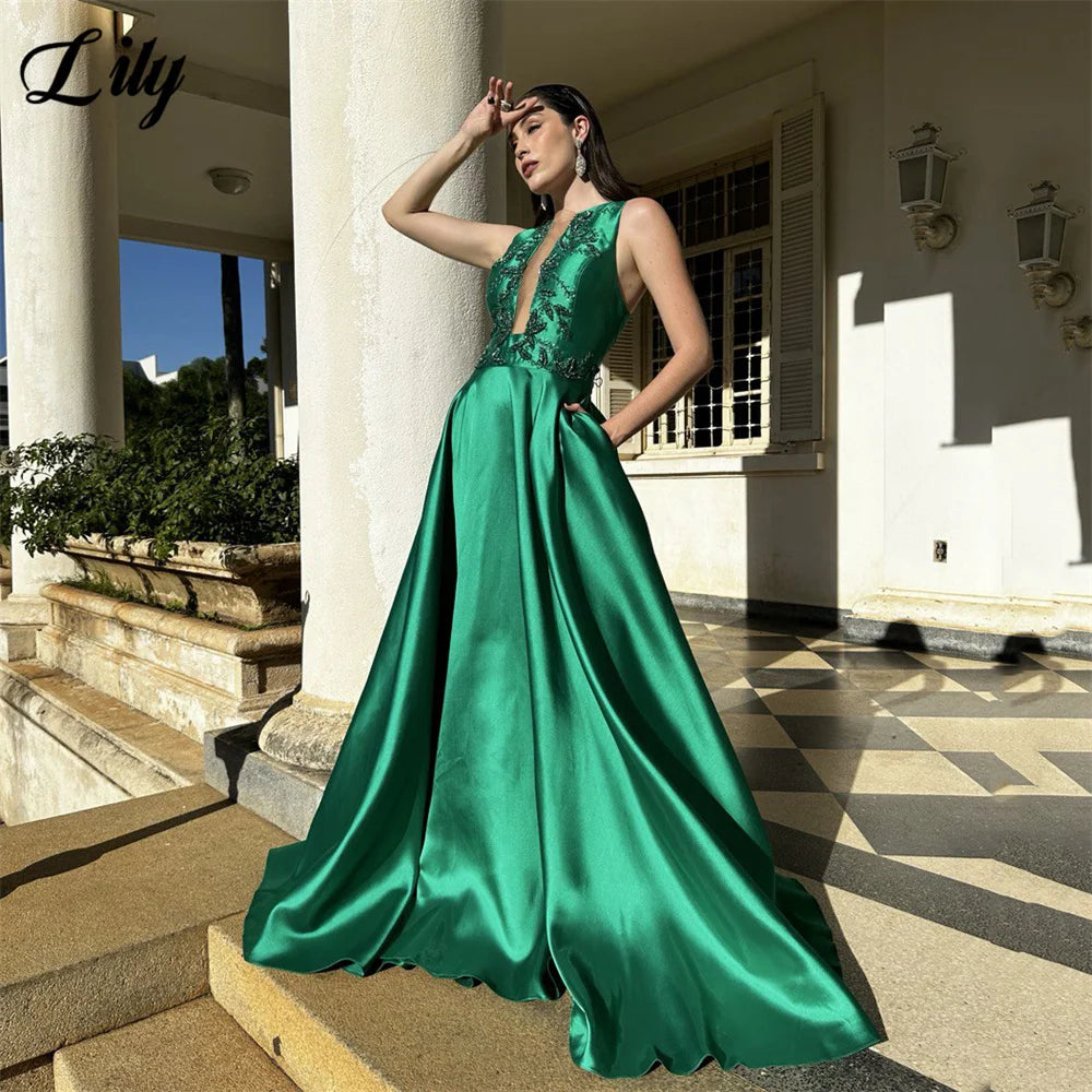 Lily Emerald Green Evening Gown Sleeveless Prom Dress with Beaded Embroidery Wedding Evening Dress robes de soirée Customized