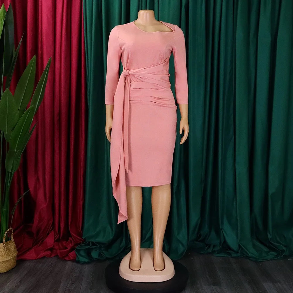 Office Dresses for Woman 2024 New Skew Collar Full Sleeve Sashes Sheath Package Hips Mid Calf Professional Business Work Dress