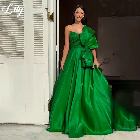 Lily Green Elegant Sweetheart Prom Dress for Woman Satin Pleated 3D-Bow Evening Gown Off-Shoulder Sleeveless Celebrity Dresses