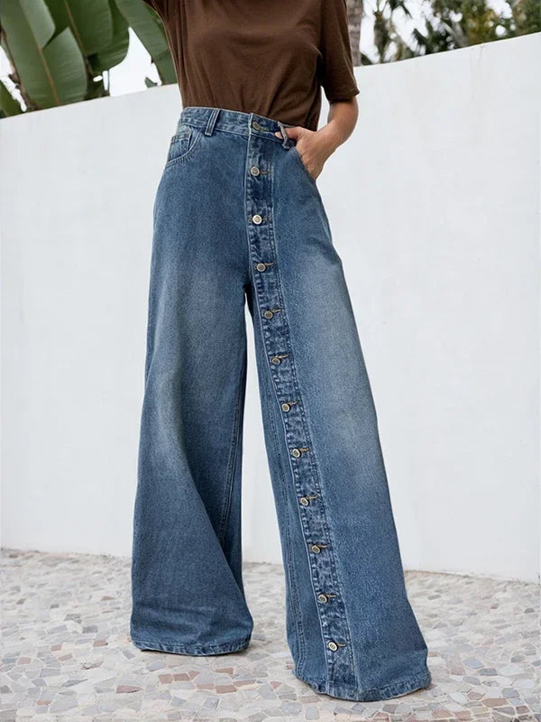 Krisstarsgirls 2025 New Women‘s Baggy Jeans Pants Spring Summer Buttoned Pockets High Waisted Boyfriends Jean Trousers for Woman