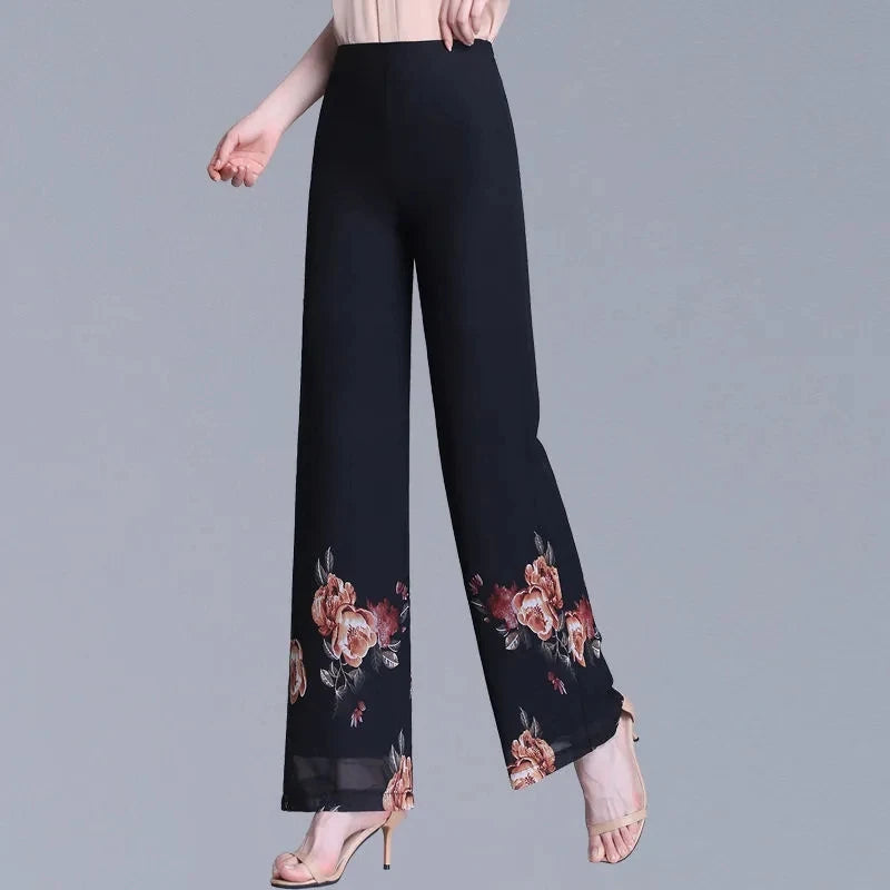 Double Layer Printed Chiffon Wide Leg Pants For Women's Summer New High Waisted Loose Dance Swing Pants Drooping Skirt Pants LA