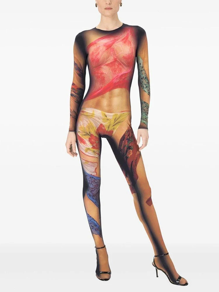 Weird Puss Colorful Print Jumpsuit Women Sexy o-Neck Full Sleeve Skinny Peach Hip Hot Girls Street Fashion Wild Style Overalls