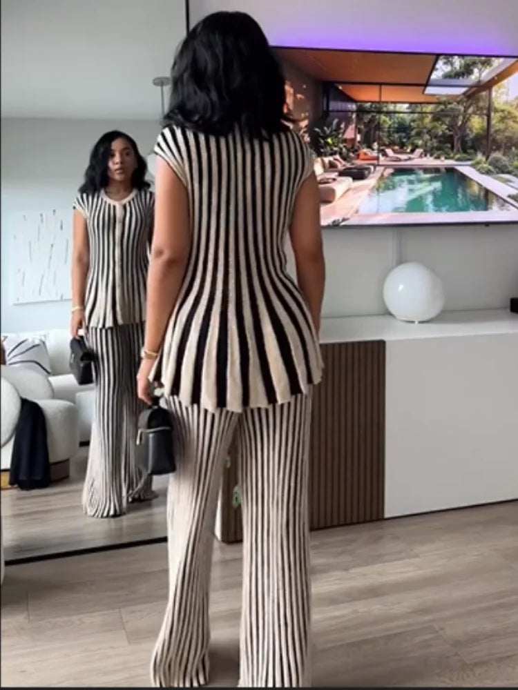 Joskaa 2025 Women's Striped Knit Two Piece Set Casual O-Neck Sleeveless Sweater Vest and Flared Pants Matched Vintage Streetwear