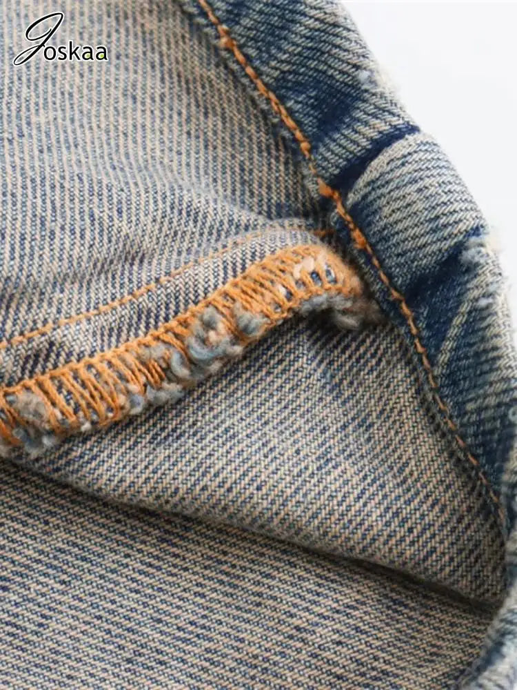 Joskaa Fashion Blue Denim Dress Women Hipster Lapel Zipper Pocket Full Sleeve Loose Mini Dresses 2025 Spring Vintage Streetwear