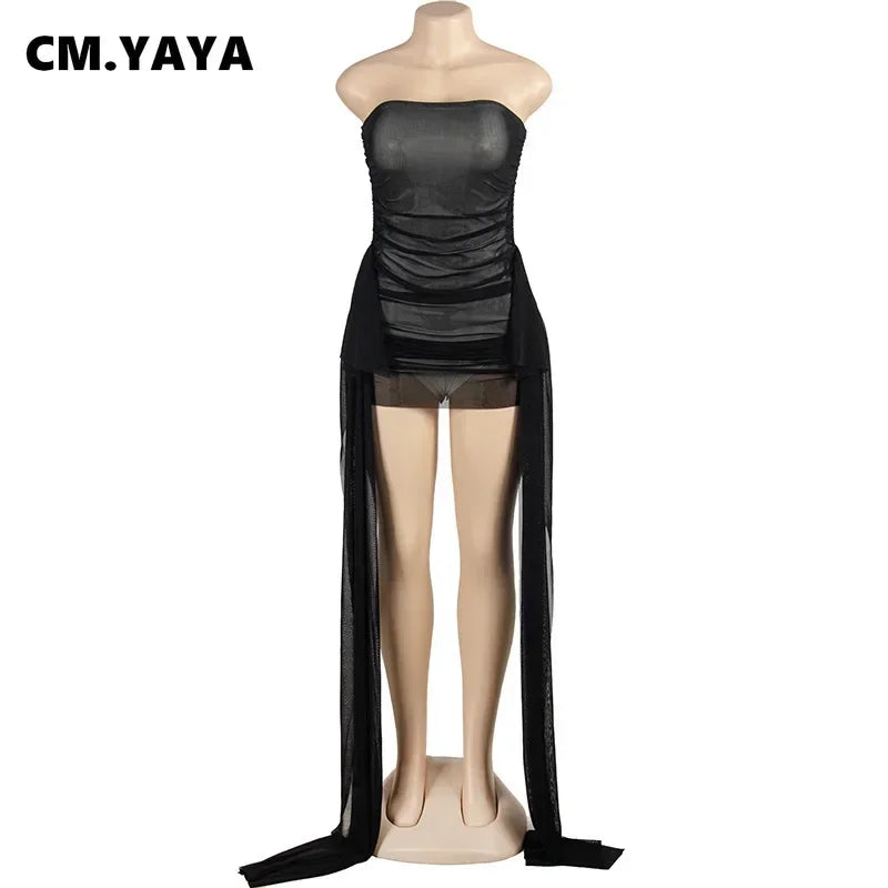 CM.YAYA Women Ribbon Strapless Mesh Mini Dress 2024 Fall Sleeveless Evening Sexy Club Party Evening High Street Dresses