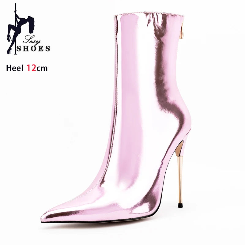 Shiny Blue Mirror Stiletto Boots with Side Zipper for Women