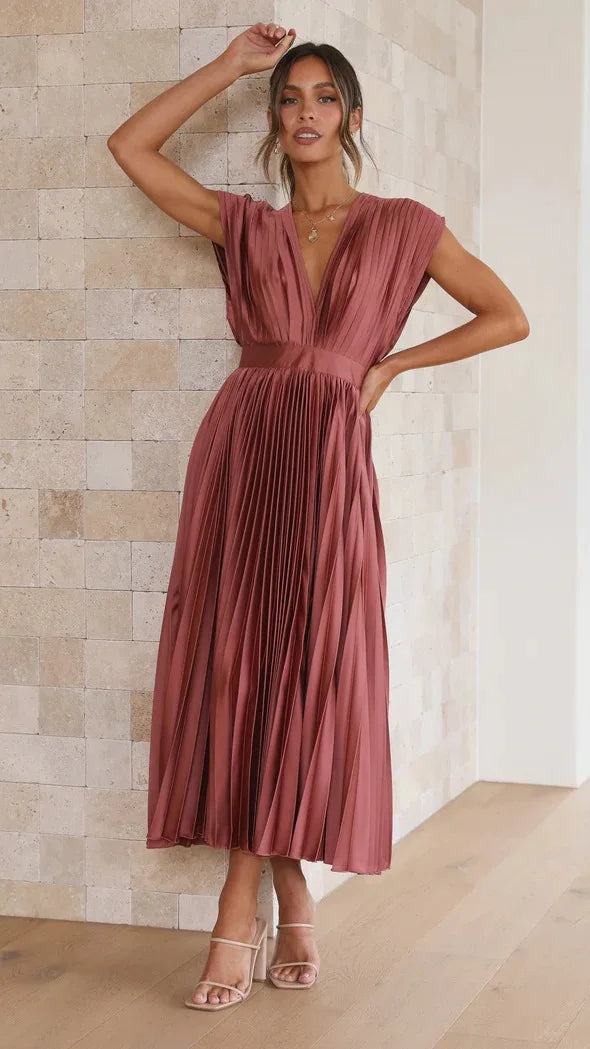Elegance Draped V-Neck Pleated Skirt Dress 2025 Women Solid Strapless Backless Patchwork Loungewear Simple Maxi Dress