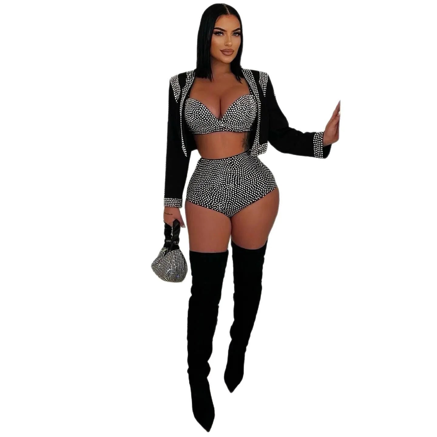 CM.YAYA Diamonds Hot Rhinestones Sexy Party Women's Set Open Stitch Blazer Top + Bra and Shorts 2025 Two 2 Piece Sets Outfits