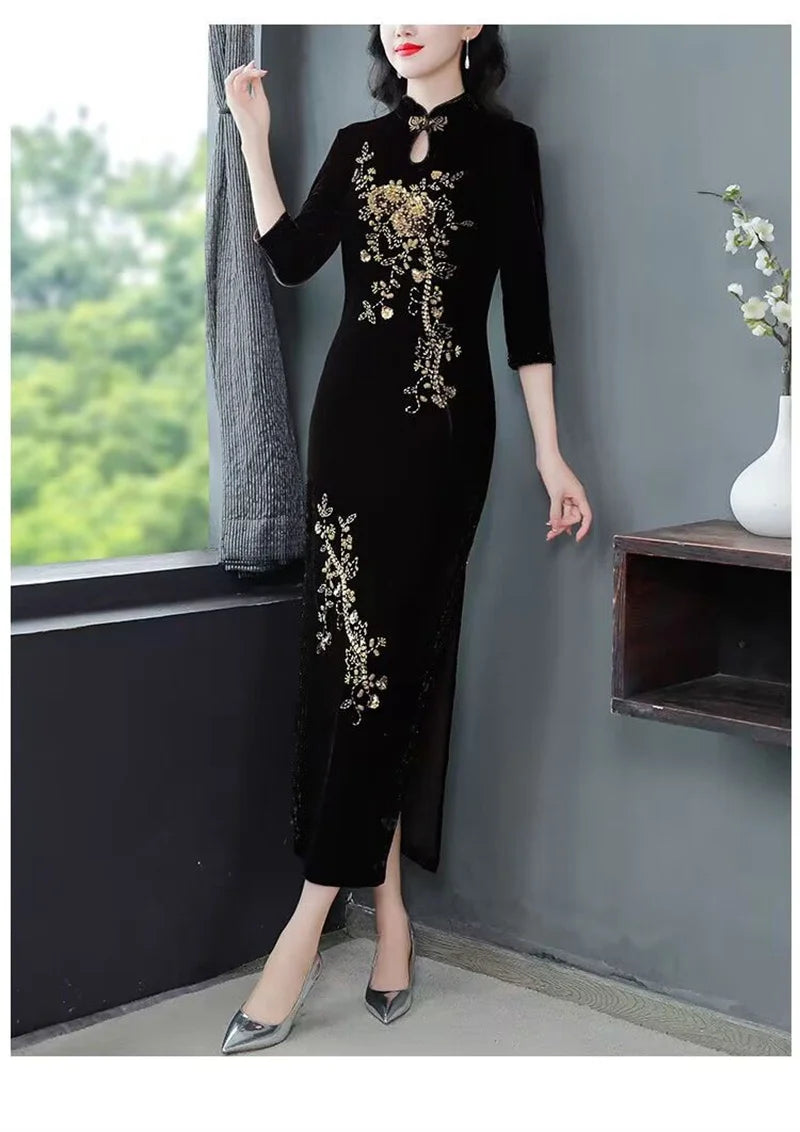 Spring Autumn Women New Embroidered Gold Velvet Cheongsam High-end Temperament Fashionable Wedding Dress Slim Bag Hip Slit Skirt