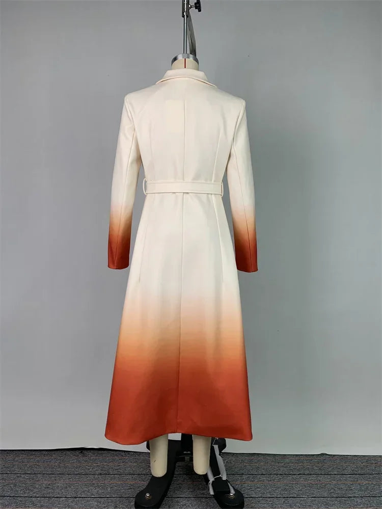 Beautyblue Fashion Women Gradient Outerwear Long Blazer Elegant Loose Tied Waist Buttoned A-Line Woolen Coat for Office Commute