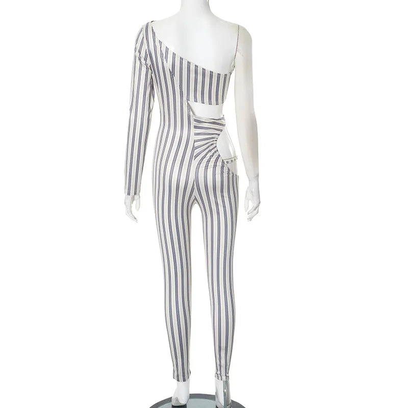 Joskaa Striped Print Cutout Jumpsuits Women Hipster Sexy Oblique Shoulder Backless Skinny One Piece Rompers Midnight Clubwear