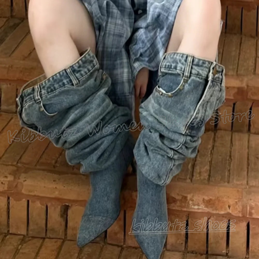 Pocket Over The Knee Boots Denim Cloth Slip-On Bottom Solid Color Novelty Fashion Concise Sexy Hot Girls Shoes Pointy Thin Heels