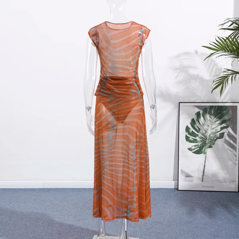 Chic Printed Contrast Women's Skirt Suit Sexy O-neck See Through Sleeveless Bodysuit High Waist Skirts Female 2025 Summer Outfit